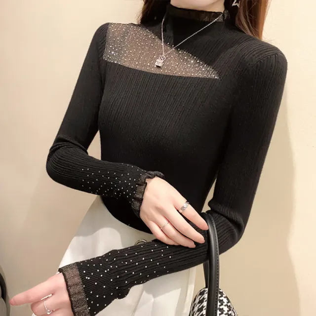 【Very Buy 非常勸敗】半高領針織內搭上衣女秋冬時尚蕾絲網紗長袖毛衣歐美上衣