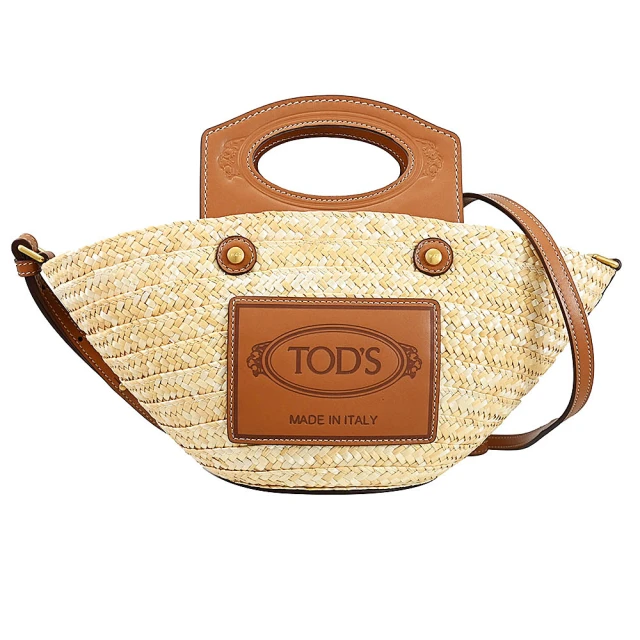 TOD’S TODS 經典徽章烙印LOGO拼接手提斜背草編包兩用包(咖邊)