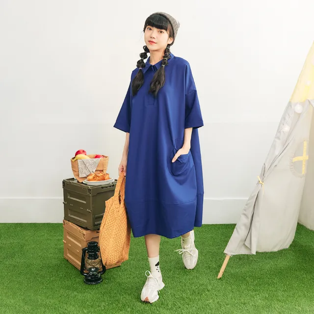 【Dailo】蛋殼女孩繭型短袖洋裝(藍 黑 駝)