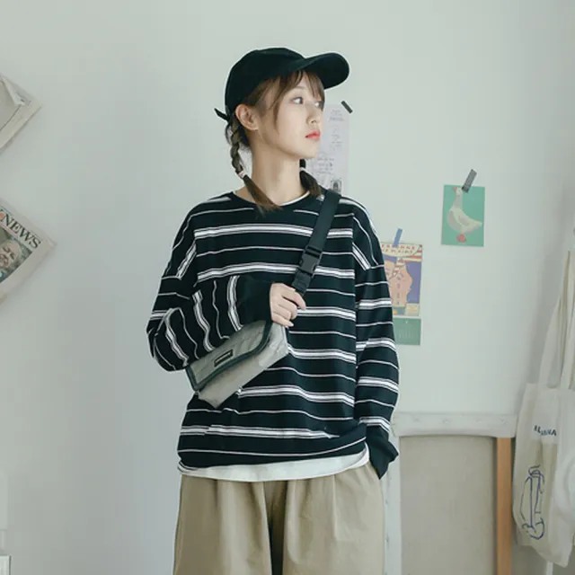 【那木】黑白撞色條紋圓領上衣(春秋保暖寬鬆顯瘦T恤)