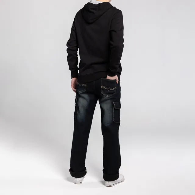 【Last Taiwan Jeans】保暖刷毛 牛仔側袋工作褲(黑藍刷白款)