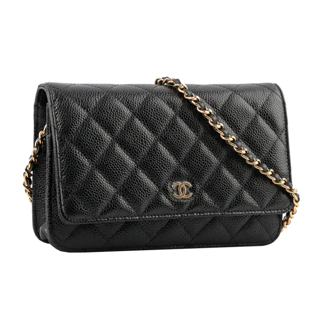 【CHANEL 香奈兒】經典CC Logo淡金釦荔枝皮革WOC(黑色)