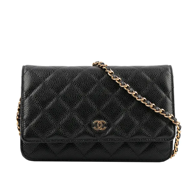 【CHANEL 香奈兒】經典CC Logo淡金釦荔枝皮革WOC(黑色)