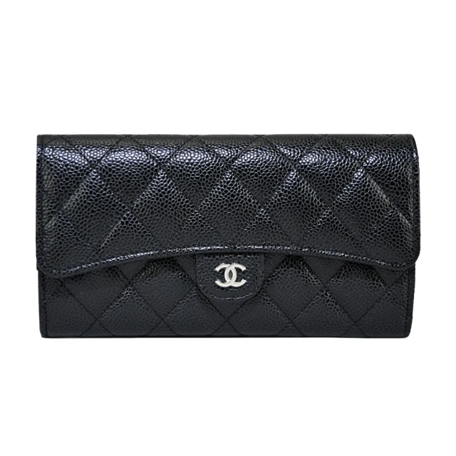 CHANEL 香奈兒 經典雙C LOGO荔枝紋小牛皮暗釦長夾(黑色)