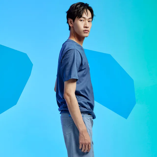 【EDWIN】男裝 拼布LOGO短袖T恤(灰藍色)