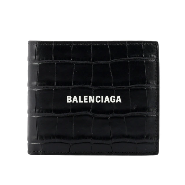 Balenciaga 巴黎世家 經典LOGO牛皮壓鱷魚紋零錢袋對開短夾(黑色)