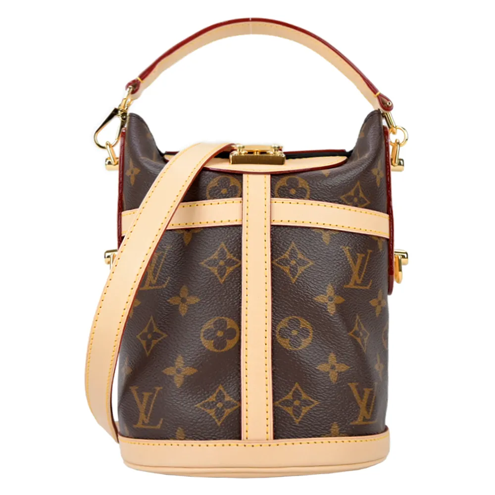 【Louis Vuitton 路易威登】M43587 Duffle 帆布印花S鎖扣牛皮鑲飾手提肩背水桶包(卡其棕)