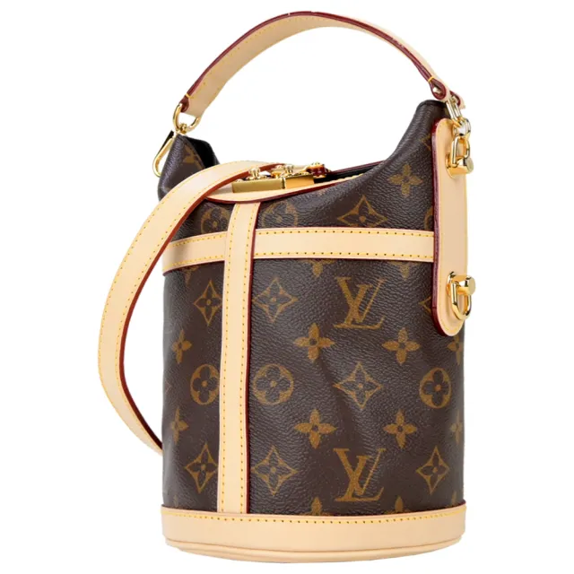 【Louis Vuitton 路易威登】M43587 Duffle 帆布印花S鎖扣牛皮鑲飾手提肩背水桶包(卡其棕)