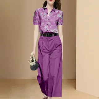 【Very Buy 非常勸敗】夏季2022新款時尚休閒紫色套裝女印花襯衫寬褲子兩件式套裝