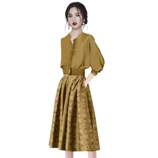 【Very Buy 非常勸敗】法式小眾輕奢時尚套裝女早秋襯衫收腰顯瘦印花半裙兩件式套裝