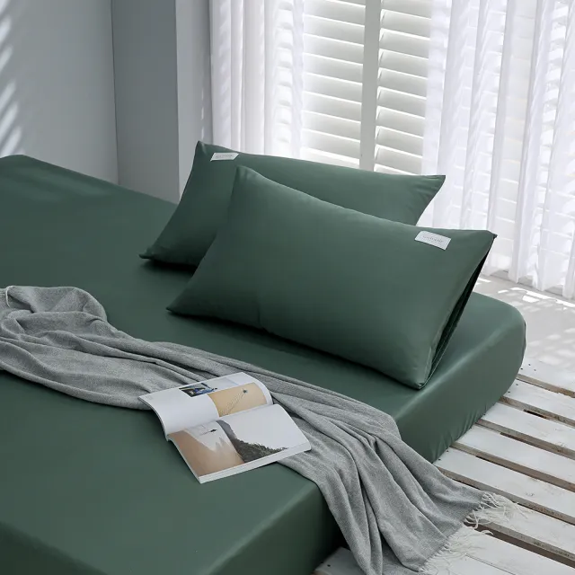 【GOLDEN-TIME】60支100%純淨天絲三件式枕套床包組-墨松綠(加大)