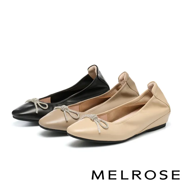 【MELROSE】美樂斯 沉穩典雅晶鑽蝴蝶結全真皮小方頭楔型低跟鞋(杏)