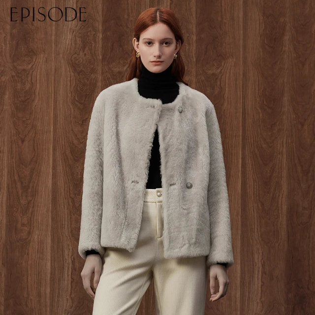 Jessica Red 高雅百搭素色V領仿皮草短版外套（咖）