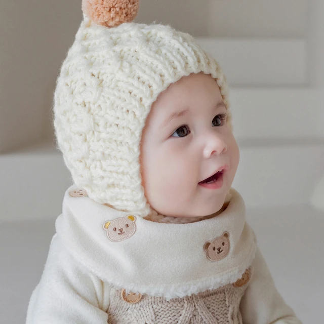 寶貝家 毛球格紋圍巾(兒童圍巾 加厚加暖 可愛針織圍脖 交叉