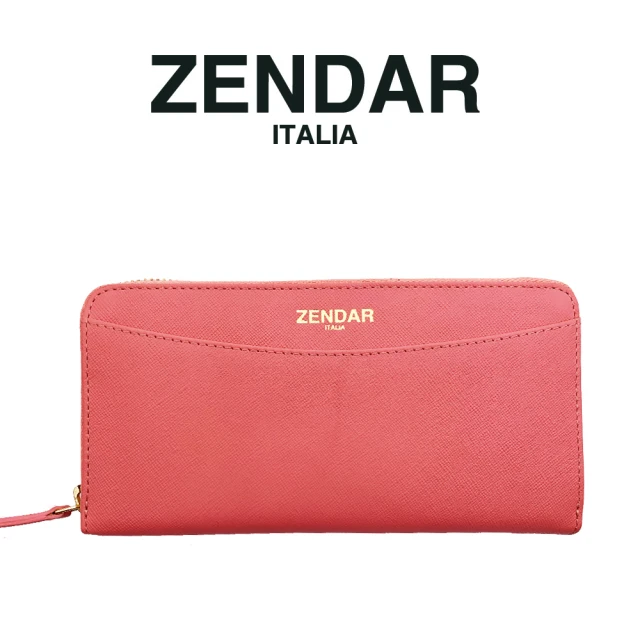 【ZENDAR】頂級NAPPA小牛皮十字紋拉鍊長夾 馬蒂娜系列(粉紅色 贈禮盒提袋)