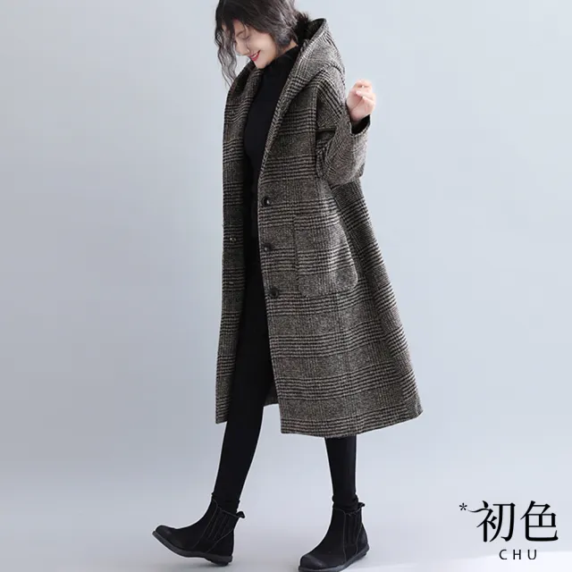 【初色】小香風寬鬆千鳥格紋單排釦長袖中長款毛呢科技保暖纖維棉連帽外套女外套-共2色-32159(M-2XL可選)(其他規格)