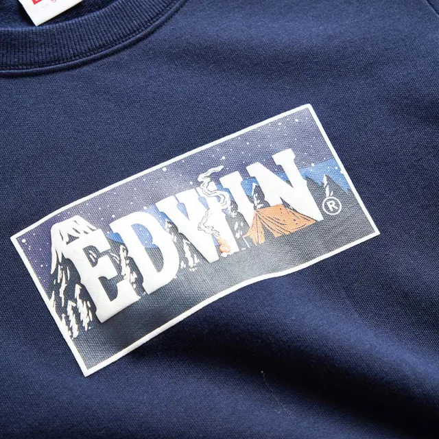 【EDWIN】女裝 露營系列 富士山營地BOX LOGO厚長袖T恤(丈青色)