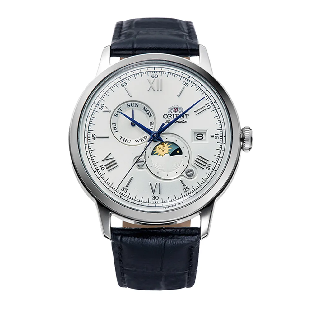 【ORIENT 東方錶】ORIENT 東方錶 SUN&MOON系列 羅馬數字日月相錶 皮帶款  白色 - 41.5 mm(RA-AK0802S)