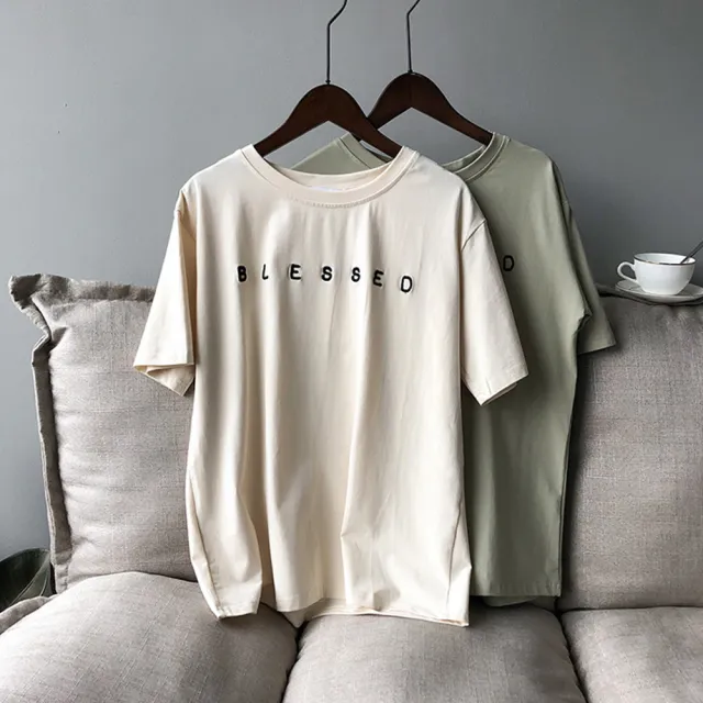 【那木】刺繡字母寬鬆百搭T恤(韓版純棉圓領短袖上衣)