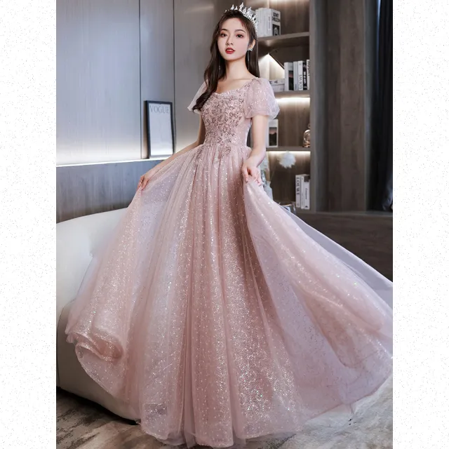 【Very Buy 非常勸敗】粉色晚禮服裙宴會氣質秋冬簡約大方長裙法式高級感主持人藝考長款