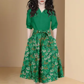 【Very Buy 非常勸敗】休閒時尚綠色襯衫碎花半身裙兩件式套裝