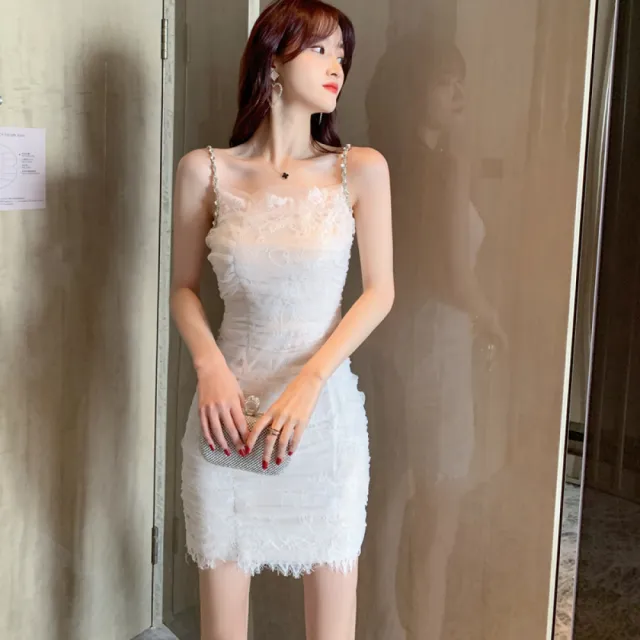 【Very Buy 非常勸敗】禮服裙2023夏款女性感露肩修身小個子蕾絲吊帶洋裝3930