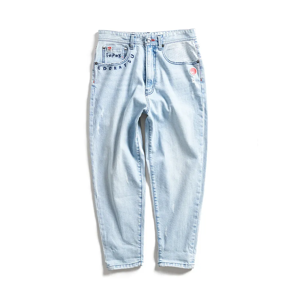 【EDWIN】江戶勝 男裝 浮世繪波紋裡布微破壞錐形牛仔褲(重漂藍)