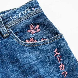 【EDWIN】江戶勝 女裝 經典櫻花刺繡窄管牛仔褲(拔洗藍)