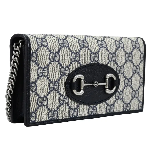【GUCCI 古馳】Horsebit 1955 WOC 品牌經典馬蹄LOGO拼接長夾斜背包(深藍)