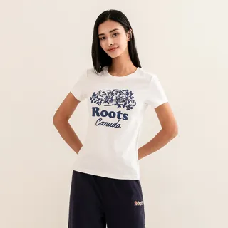 【Roots】Roots女裝-繽紛花卉系列 花草海狸修身短袖T恤(白色)