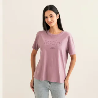 【Roots】Roots女裝-舒適生活系列 海狸文字有機棉短袖T恤(煙燻紫)