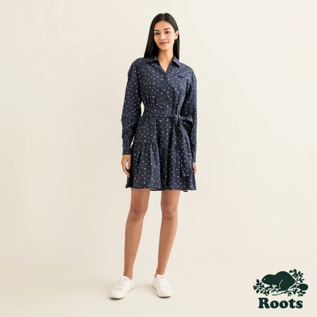 【Roots】Roots女裝-舒適生活系列 刺繡海狸LOGO有機棉拼接襯衫洋裝(軍藍色)