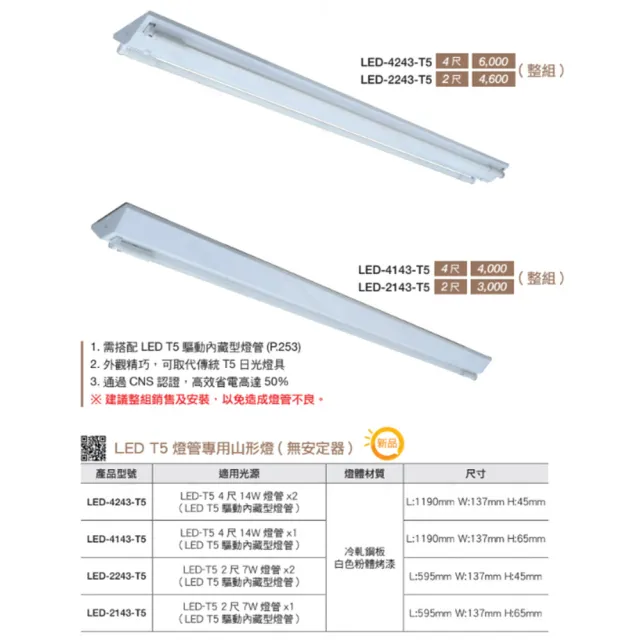 【DanceLight 舞光】10入組 T5 LED 4尺 單管 山形燈具 山型燈具(白光/黃光)