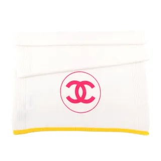 【CHANEL 香奈兒】桃紅Logo 黃邊喀什米爾羊毛圍巾/披肩(白色)