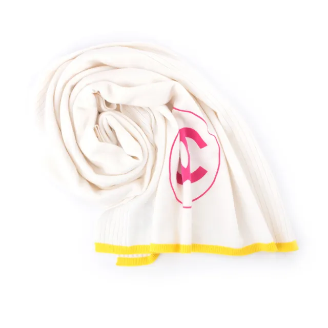 【CHANEL 香奈兒】桃紅Logo 黃邊喀什米爾羊毛圍巾/披肩(白色)