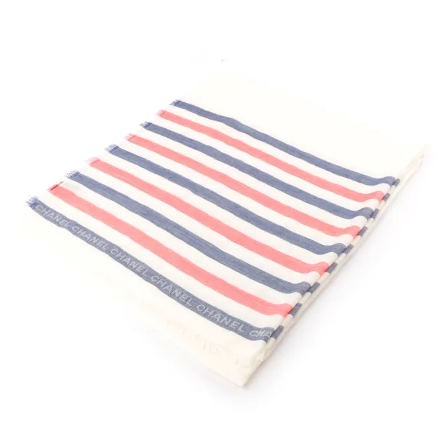 【CHANEL 香奈兒】Logo 紅藍條紋莫代爾棉及羊毛混絲圍巾/披肩(白色)