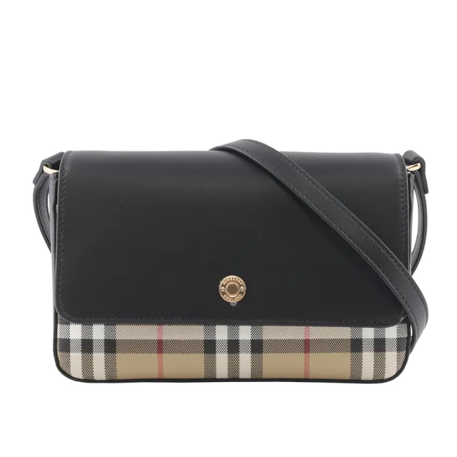 【BURBERRY 巴寶莉】Penny 格紋帆布拼小牛皮翻蓋斜背包(經典米色/黑色)（其他規格）