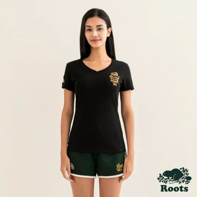 【Roots】Roots女裝-#Roots50系列 光芒50有機棉V領修身短袖T恤(黑色)