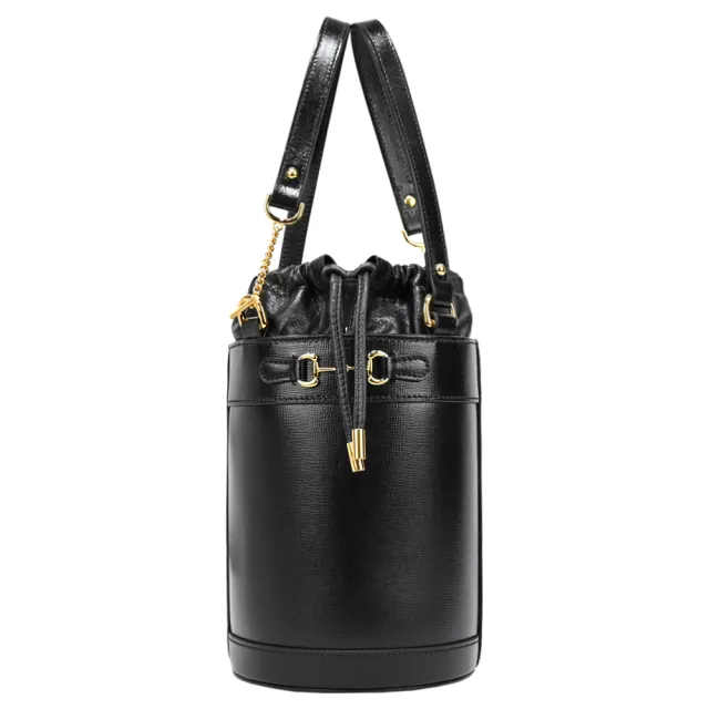 【GUCCI 古馳】1955 Horsebit 皮革復古皮革馬銜扣手提肩背水桶包(黑)