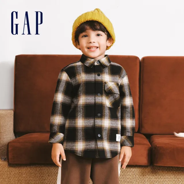 【GAP】男幼童裝 Logo小熊印花刷毛翻領長袖襯衫-黃色格紋(837036)