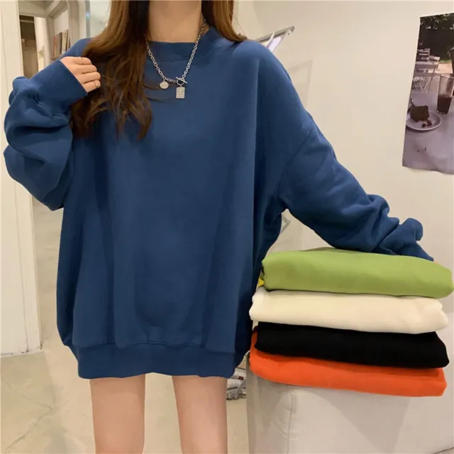 【D.studio】韓版中長款寬鬆內刷毛長袖上衣(大學T女裝衣服寬鬆上衣顯瘦上衣長袖t恤冬裝發熱衣 W466)