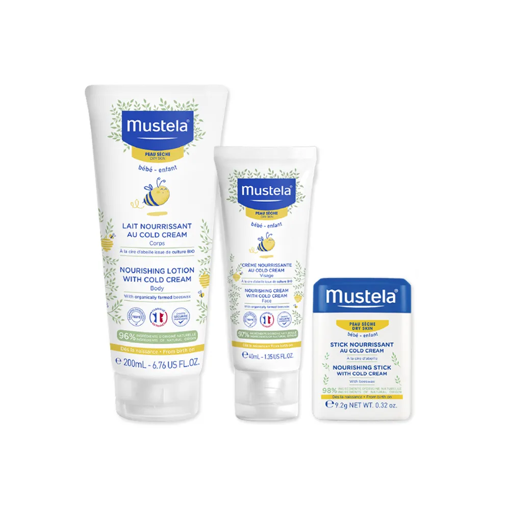 【Mustela 慕之恬廊】高效呵護組(高效潤身乳200ml+高效面霜40ml+高效唇頰雙護膏 9.2g)