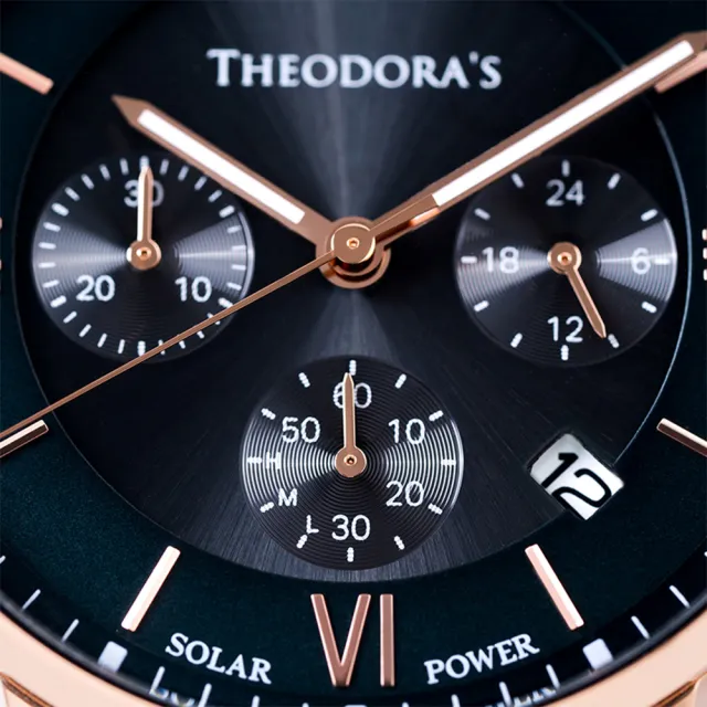 【THEODORA’S 希奧朵拉】神力女超人太陽能夜光手錶 湖水綠-米蘭玫金(太陽能手錶 真三眼計時 日期顯示)