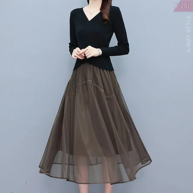 【Amay Style 艾美時尚】現貨 中大尺碼女裝 套裝 簡約針織兩件式紗裙套裝。S-XL(套裝)