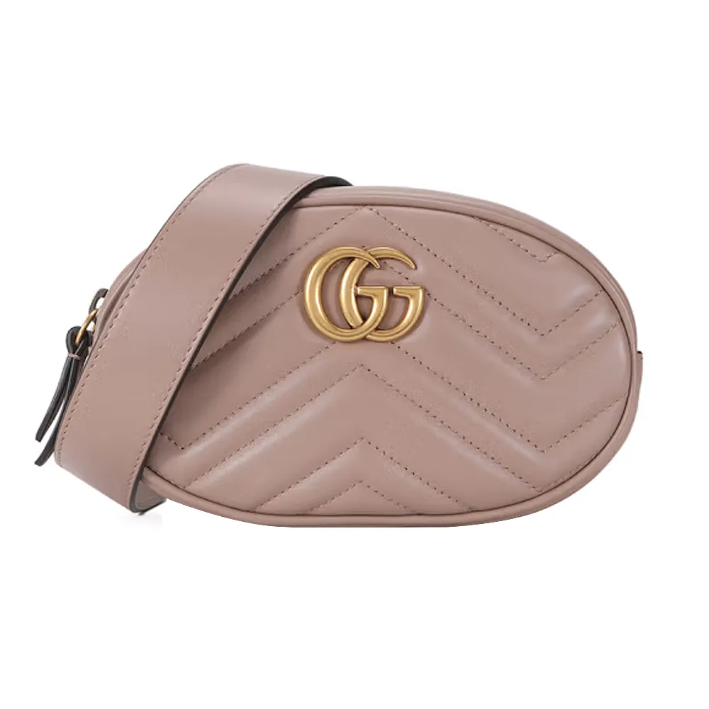 【GUCCI 古馳】GG Marmont 絎縫牛皮拉鍊手拿/腰/斜背包(裸粉)