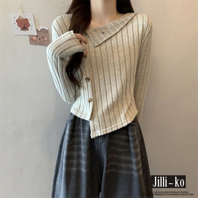 JILLI-KO 不規則翻領針織衫女軟糯坑條單排扣設計-F(