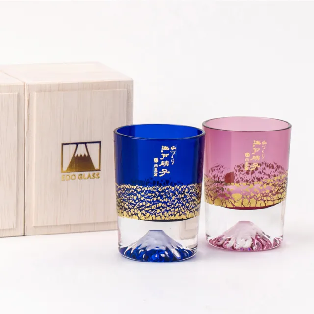 【田島硝子】日本製 金箔冷酒杯 富士山杯 琉璃藍+櫻花粉 對杯(TG20-016-1GB+TG20-016-1GP)