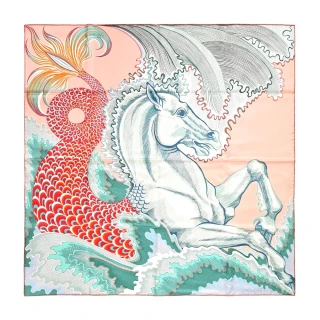 【Hermes 愛馬仕】Cheval Sirene 90 cm手工捲邊斜紋真絲雙面方巾(玫瑰粉/綠/珊瑚紅)