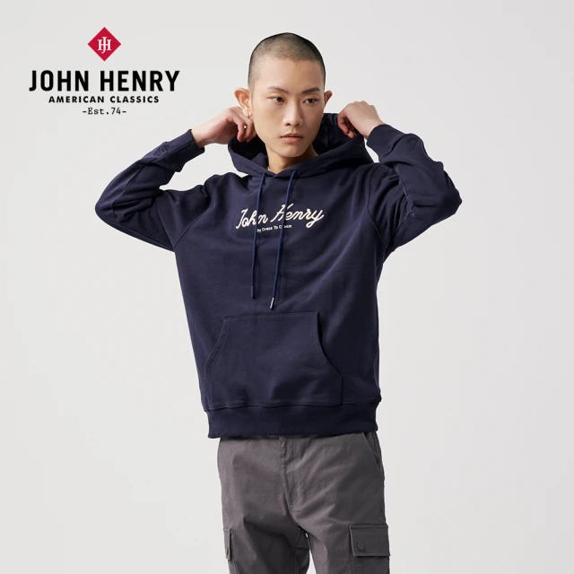 【JOHN HENRY】圖騰刺繡連帽T恤-藍