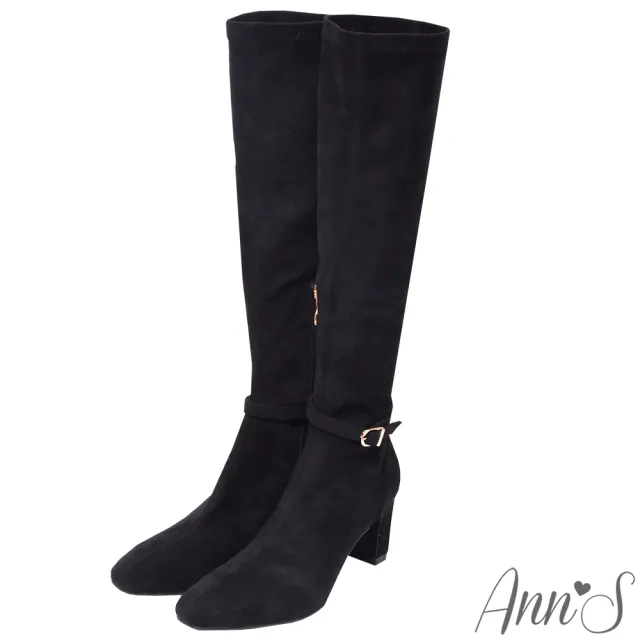 【Ann’S】精緻美感窄版-絨布可拆繫帶兩穿扁跟及膝長靴6.5cm(黑)